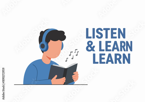 Student with headphones engrossed in an audiobook or digital learning, embodying the "Listen & Learn" concept for educational and personal growth.