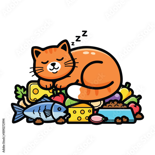 Sleeping Cartoon Cat Surrounded by Food.