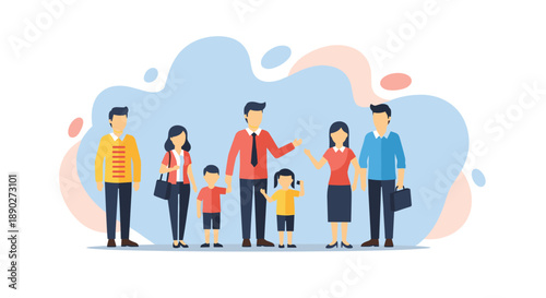 Diverse group of people standing together representing family community and togetherness with a soft abstract background flat illustration style, Generative AI.