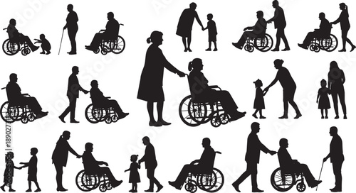 Black silhouette collection of elderly and disabled people in wheelchairs with caregivers and children standing together isolated on white background for social care concepts