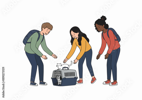 Young People Interacting with a Cat from a Carrier, Highlighting Pet Adoption and Care