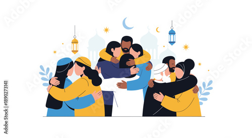 Diverse group of people embracing warmly celebrating togetherness and unity during Eid with festive lanterns and crescent moon decorations, Generative AI.
