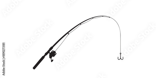 A silhouette fishing rod is angling with a hook on a white background, black and white fishing rods with reels on white background fishing pole, Simple black silhouette , pro
