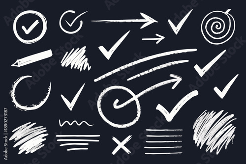 White chalk style highlight strokes arrows curly checkmarks on blackboard 1