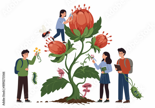 Young biologists and botanists actively engaged in plant and insect research, studying intricate natural ecosystems and exploring biodiversity in a scientific investigation illustration.