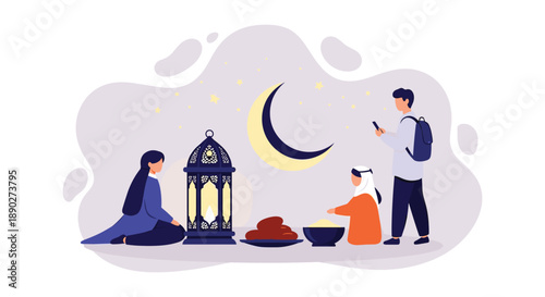 Family and friends gathered for Iftar sharing dates and food near a lantern and crescent moon celebrating Ramadan together communal meal breaking fast joyous occasion toge, Generative AI.