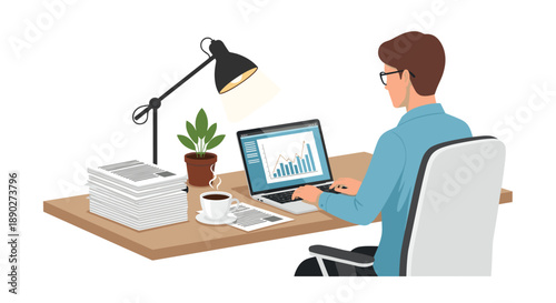 A focused man working diligently at his desk illuminated by a desk lamp with a laptop displaying charts stacks of papers and a cup of coffee depicting productivity and dedi, Generative AI.