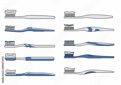 Vector illustration set of toothbrushes with toothpaste, symbolizing daily oral hygiene and fresh dental health.