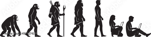 Black silhouette illustrating human evolution stages from primitive apes and ancient hunters to modern people using laptops isolated on white background for technology concepts