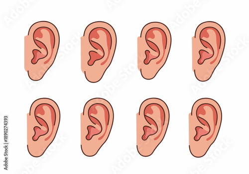 Stylized illustrations of human ears in a repetitive grid pattern, highlighting the sense of hearing and human anatomy on a white background.