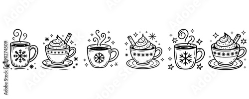 set of five black and white line drawings of hot winter drinks with steam and snowflakes  hot chocolate and coffee