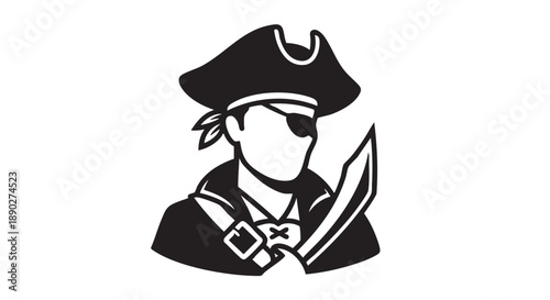 Pirate Captain Holding Sword, Illustrated in Black and White, Close-Up View