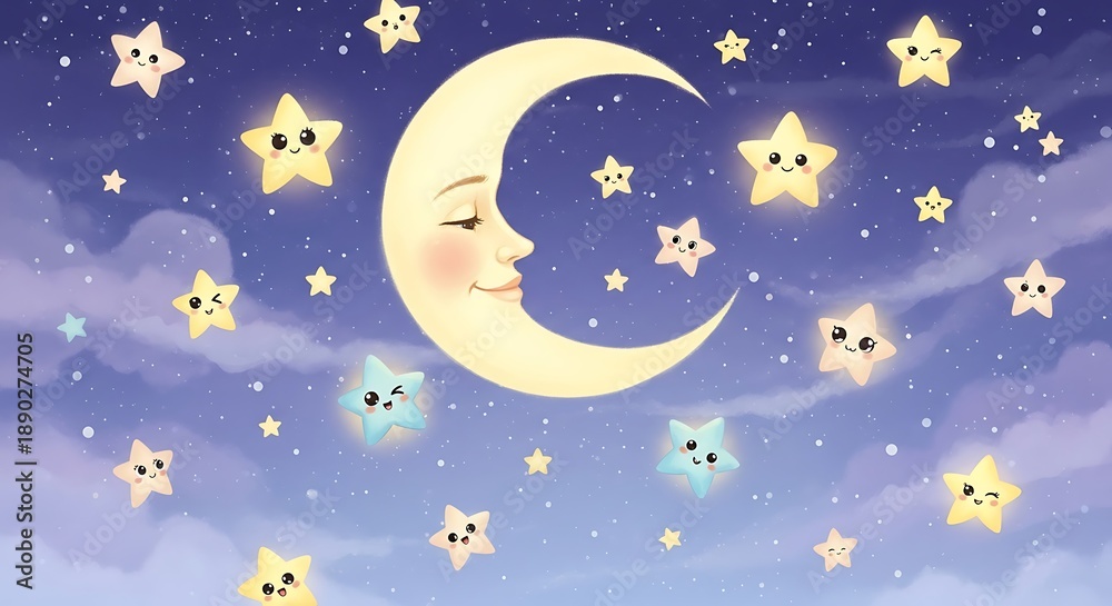 Fototapeta premium Cute Cartoon Moon and Stars in the Night Sky.