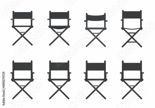 Set of eight director's chair icons in a flat design style, representing various silhouettes for film, theater, and entertainment industry graphics.