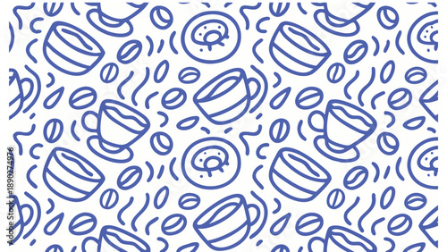 Blue coffee cup and bean pattern on white background with steam lines