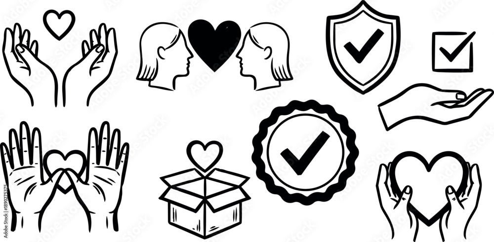 Fototapeta premium Black and white hand drawn line art vector set with hands holding hearts check marks and love icons for charity and trust