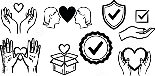 Black and white hand drawn line art vector set with hands holding hearts check marks and love icons for charity and trust