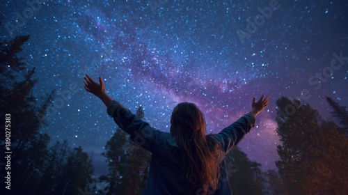 Wallpaper Mural Under a midnight sky filled with stars, a person stands with arms raised, celebrating the beauty of the universe amidst tall trees. The vibrant colors of the Milky Way shine brightly. Torontodigital.ca