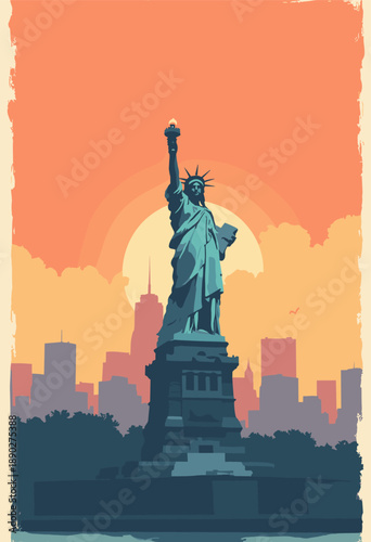 Vertical vintagestyle flat illustration Statue Liberty, NYC Sunset silhouette against warm orange skyline Retro travel poster