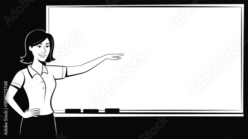 Female teacher pointing at blank whiteboard, classroom presentation, education concept, black and white illustration, teaching, training, seminar, lecture, design, vector