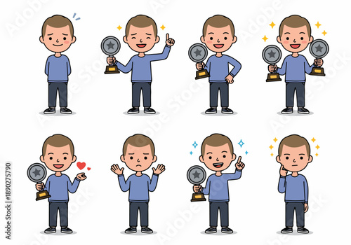 Cartoon boy character set with trophy, showing various emotions and achievements in different poses. Ideal for success, celebration, and emotion concepts.