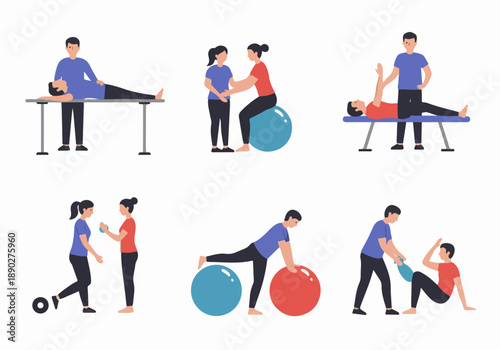 Diverse Physical Therapy Sessions: Patients and Therapists Engaged in Rehabilitation Exercises with Exercise Balls and Weights for Recovery and Wellness