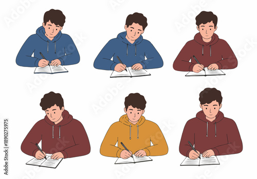 Set of young men in various colored hoodies writing in notebooks, symbolizing learning, education, and creative work.