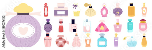 Perfume bottles and fragrance illustration set