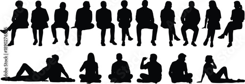 Group silhouettes of diverse people sitting and relaxing, isolated on white background, representing casual crowd, teamwork, modern lifestyle, social interaction, leisure and communication concepts.