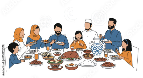 Diverse Family Enjoying a Festive Meal Together: A heartwarming illustration depicting a multi-generational family sharing a bountiful feast around a table celebrating together, Generative AI.