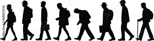 Silhouettes of aging people walking in a line, representing life stages, aging process, mobility, routine and everyday journey through time in modern society