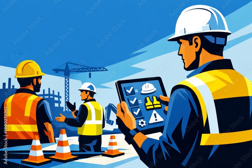 Fototapeta premium Construction workers using tablet for safety checks and project management on site