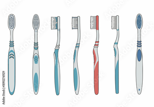 Colorful illustration of various toothbrushes for oral hygiene and dental care, showcasing different designs and brush head types.