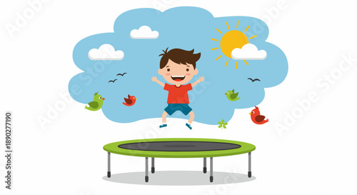 Happy cartoon boy joyfully jumping on a trampoline under a sunny sky with fluffy clouds and playful birds, enjoying energetic outdoor fun and childhood freedom.