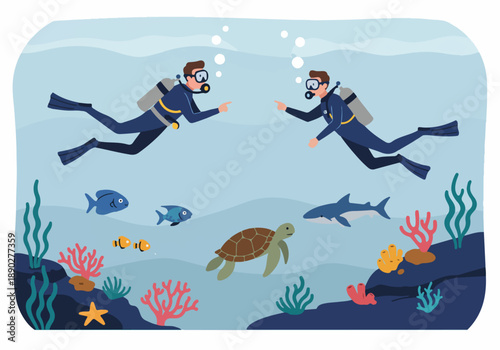 Two scuba divers explore a vibrant coral reef, observing a shark, sea turtle, and colorful fish in the clear blue ocean.