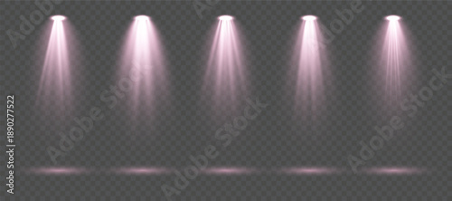 Collection of powerful pink beam spotlights with glowing shafts of light and atmospheric depth isolated on transparent background ideal for event banners, performance visuals and digital vector compos