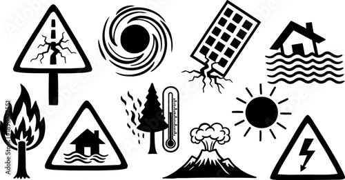 Black and white natural disaster and hazard icons including wildfire forest fire earthquake tsunami volcano and storm warning symbols