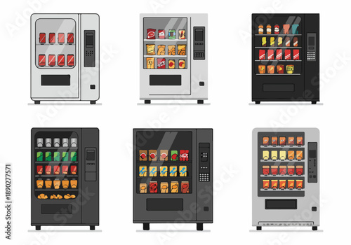 Collection of Vending Machines Offering Diverse Drinks and Snacks, Illustrating Automated Retail and Convenience Services for Quick Purchases