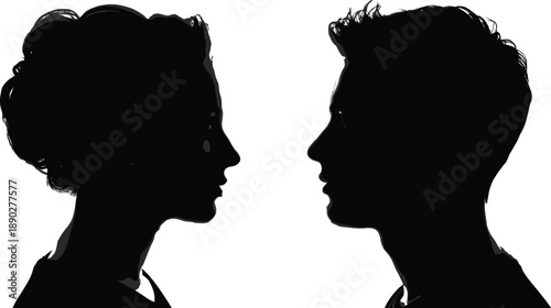 Male and female face silhouettes looking at each other in profile, human relationship concept illustration isolated on white background