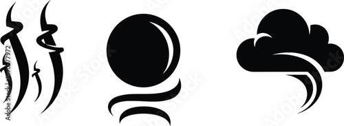 Set of black wind and weather icons showing airflow, breeze swirl, and storm cloud symbols, isolated on white background for forecast, UI, and graphic design.