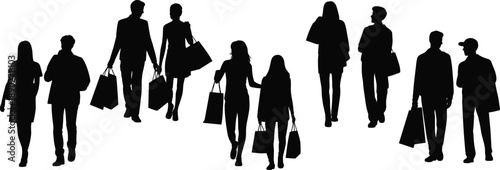 Silhouettes of people walking and carrying shopping bags after retail purchases, representing consumer lifestyle, modern commerce, fashion shopping and urban leisure in everyday city environment
