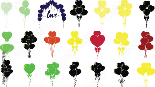 Collection of heart shaped balloons in various colors and arrangements love celebration
