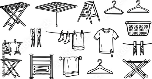 Minimalist line art collection of drying racks clothing hangers and laundry accessories in simple black outline style isolated on white background