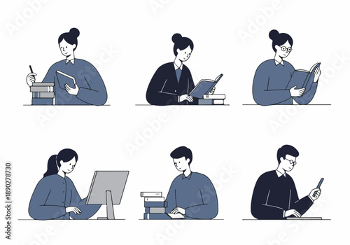 Diverse individuals studying, reading, and working. Minimalist illustration of learning, education, and professional development activities.