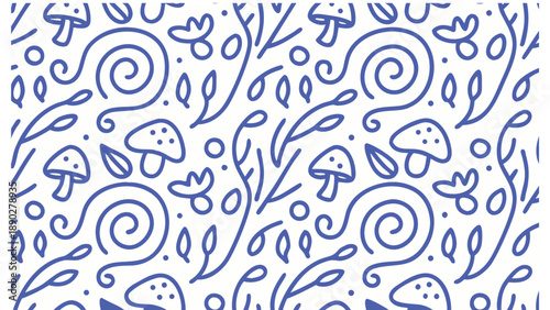 Vibrant blue and white whimsical seamless pattern with mushrooms leaves swirls on white background