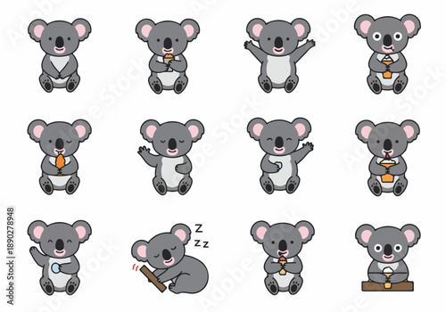 Cute Cartoon Koala Bear Character Vector Set: Expressive Poses and Activities for Design