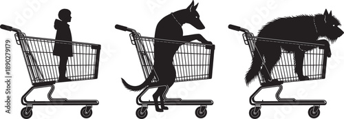 Creative silhouettes of a small child and two different dog breeds standing inside metal shopping carts isolated on white background for pet friendly shopping concepts.