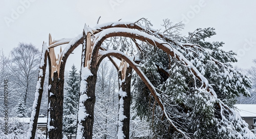 Trees broken under weight of snow show severe damage from heavy snowfall. Fractured trees broken under weight of snow illustrate nature's power, winter storm impact on environment.