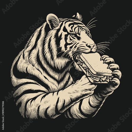 Tigers Lunch Break: A Detailed Illustration of a Tiger Eating a Sandwich.