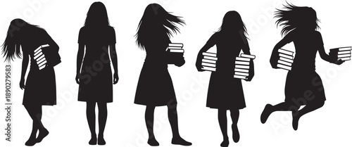Diverse collection of female student silhouettes in different poses carrying stacks of books and jumping for education, library, literacy, and academic success concepts.